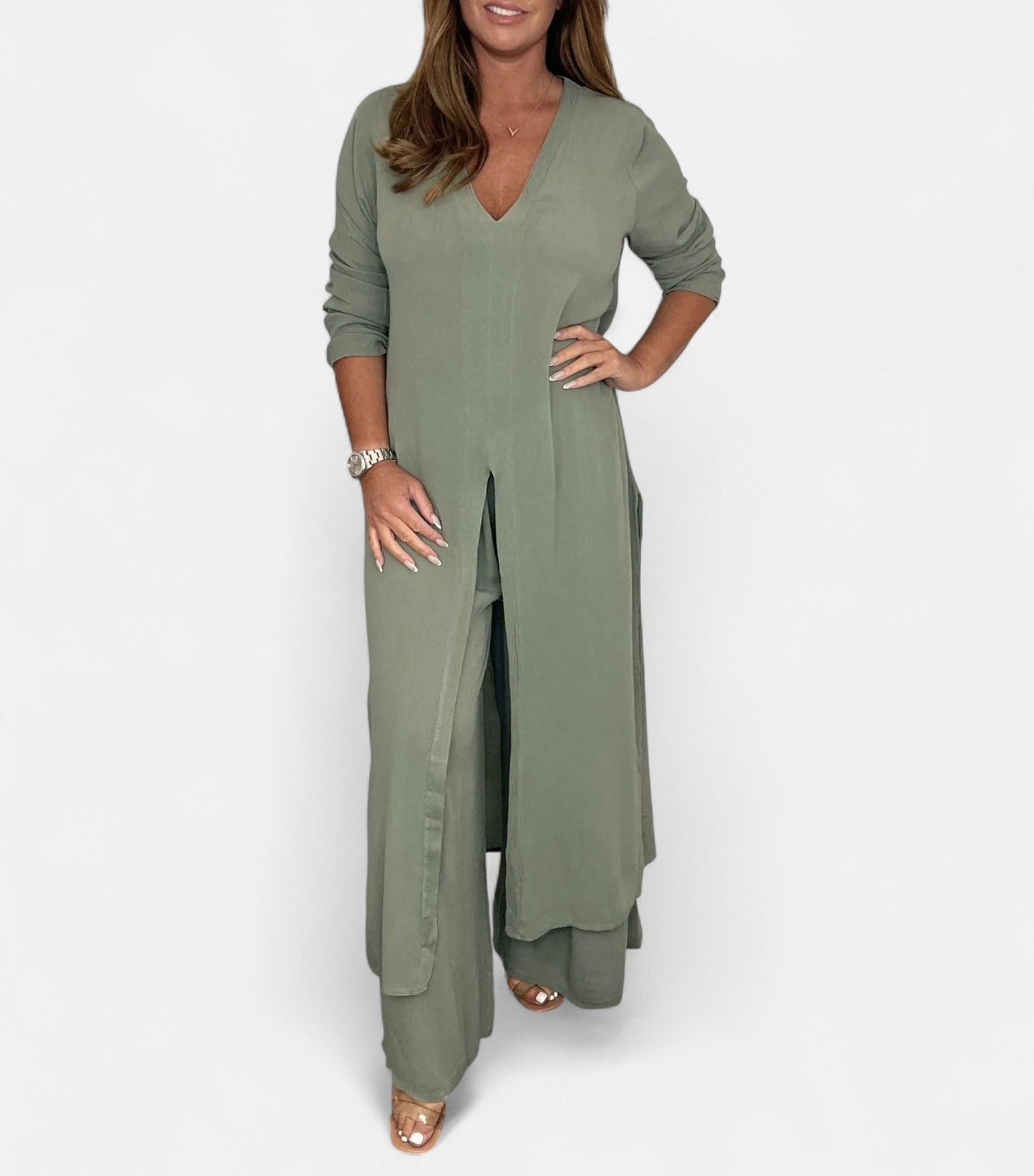 Women's Loungewear Set with Wide-Leg Pants and Long Blouse