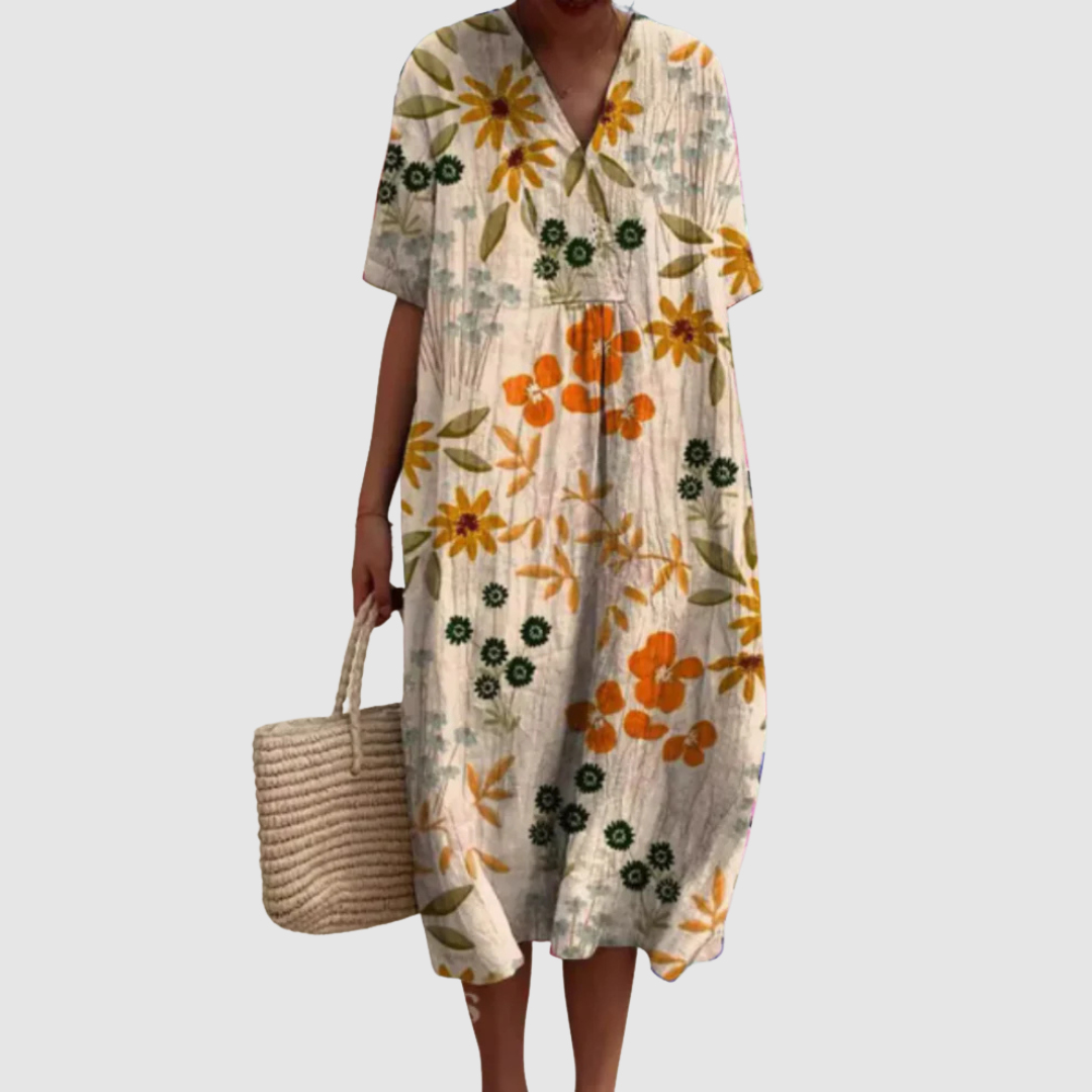 Women's Midi Dress with Floral Print and V-Neckline