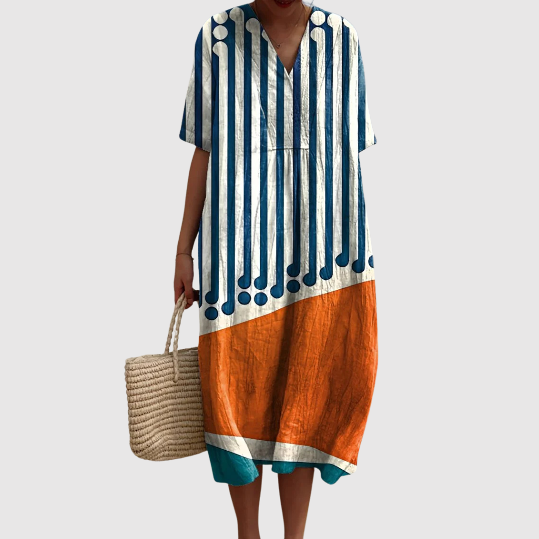 Women's Playful Midi Dress with Colorblock Design and V-Neckline