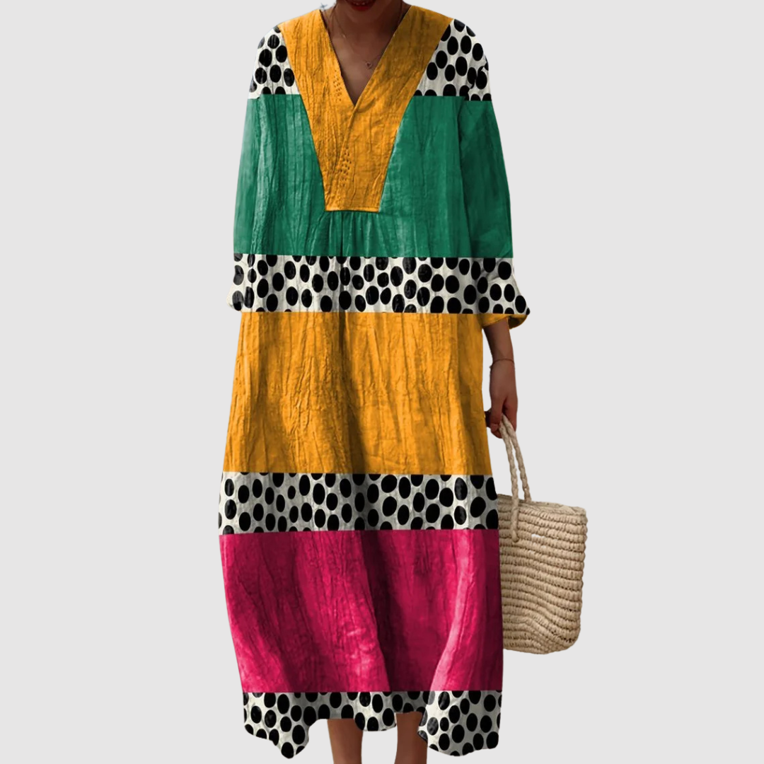 Women's Playful Midi Dress with Polka Dots and Stripes