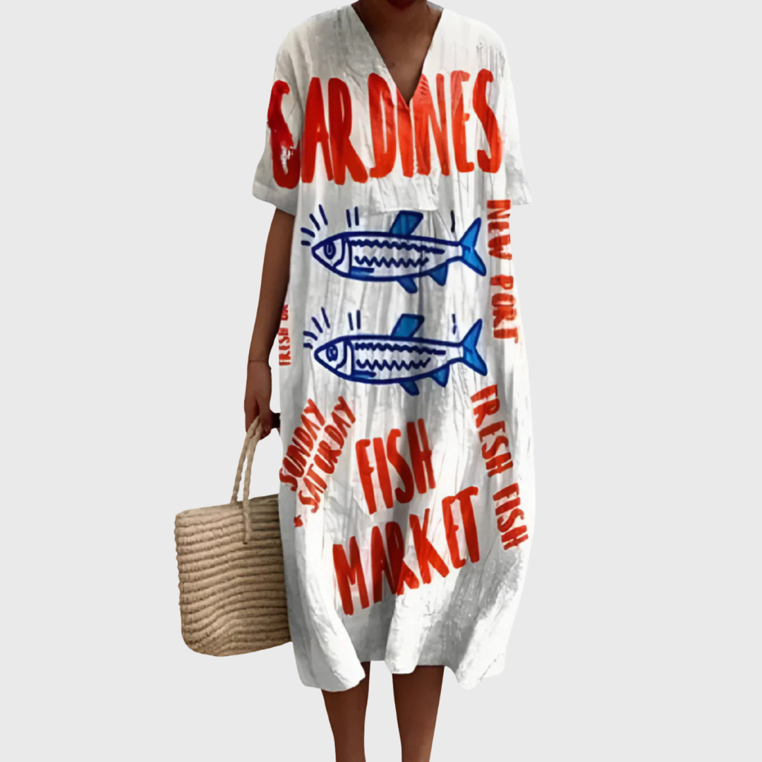 Women's Playful Summer Dress with Fish Market Print and V-Neck Design