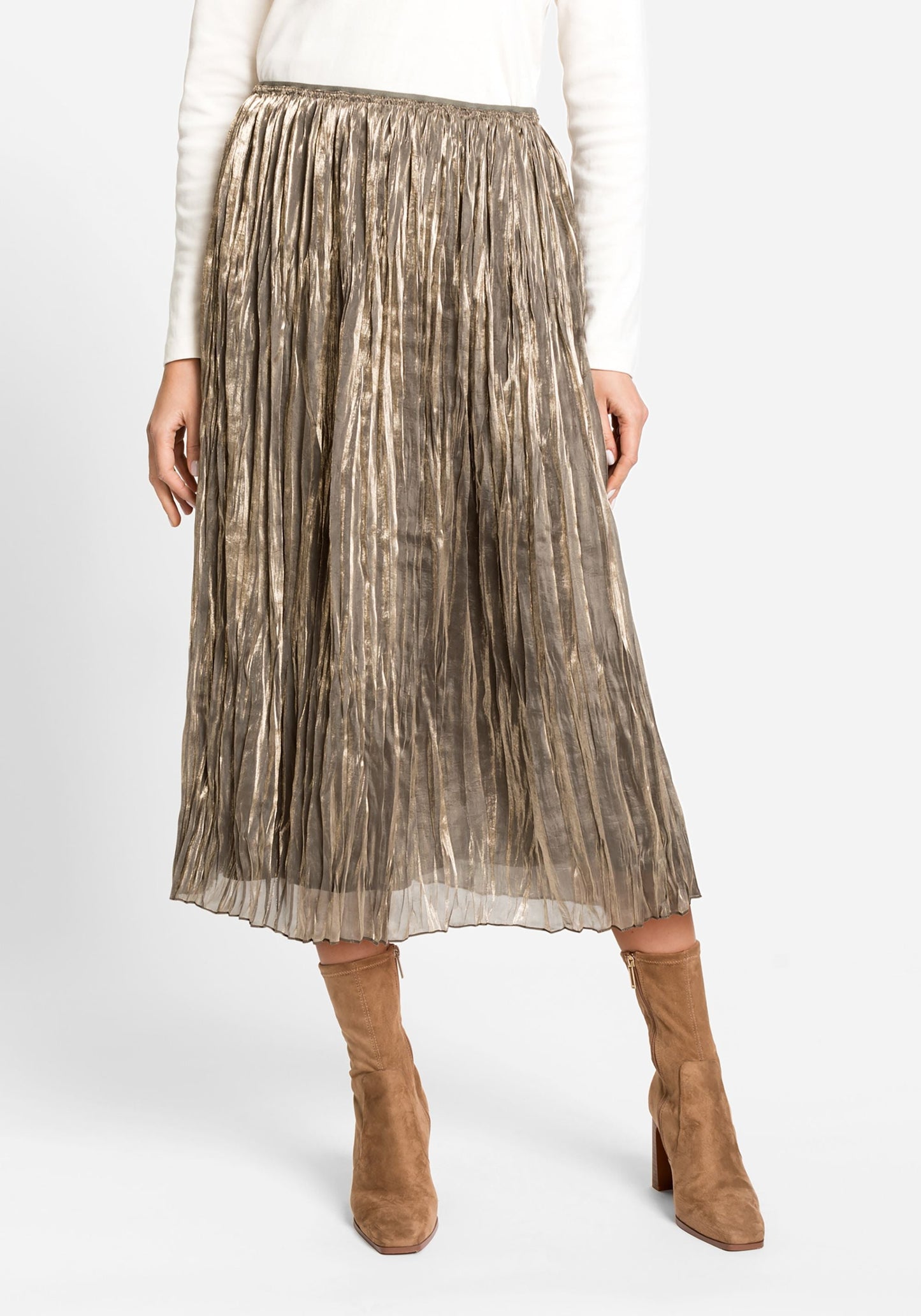 Women's Pleated Midi Skirt with Pull-On Waistband and Unique Crinkle Design