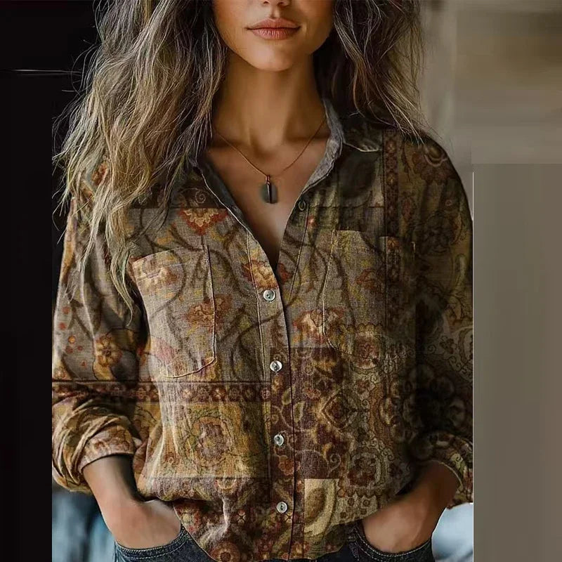Women's Relaxed Fit Blouse with Vintage Prints