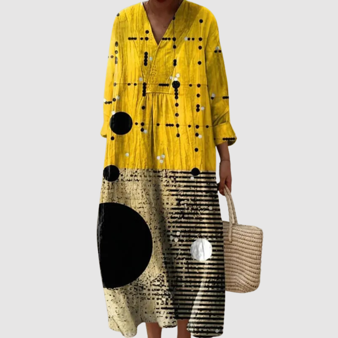 Women's Relaxed Fit Midi Dress with V-Neck and Graphic Print
