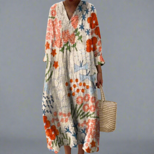 Women's Relaxed Floral Summer Dress with V-Neckline