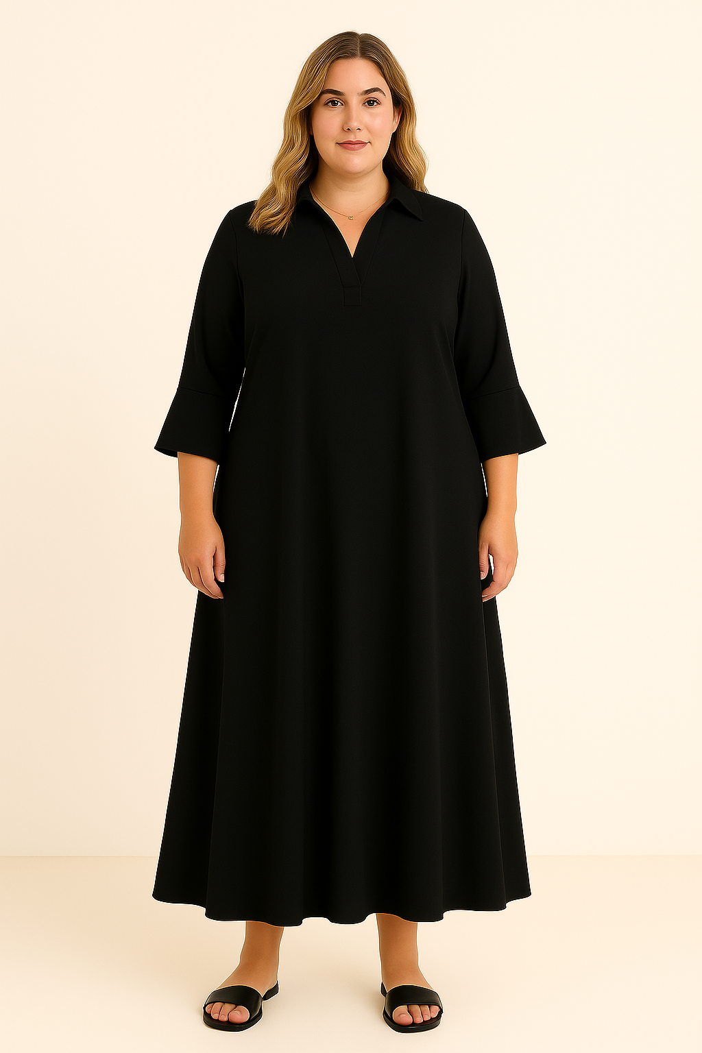 Women's Relaxed Maxi Dress with Long Sleeves and Side Pockets