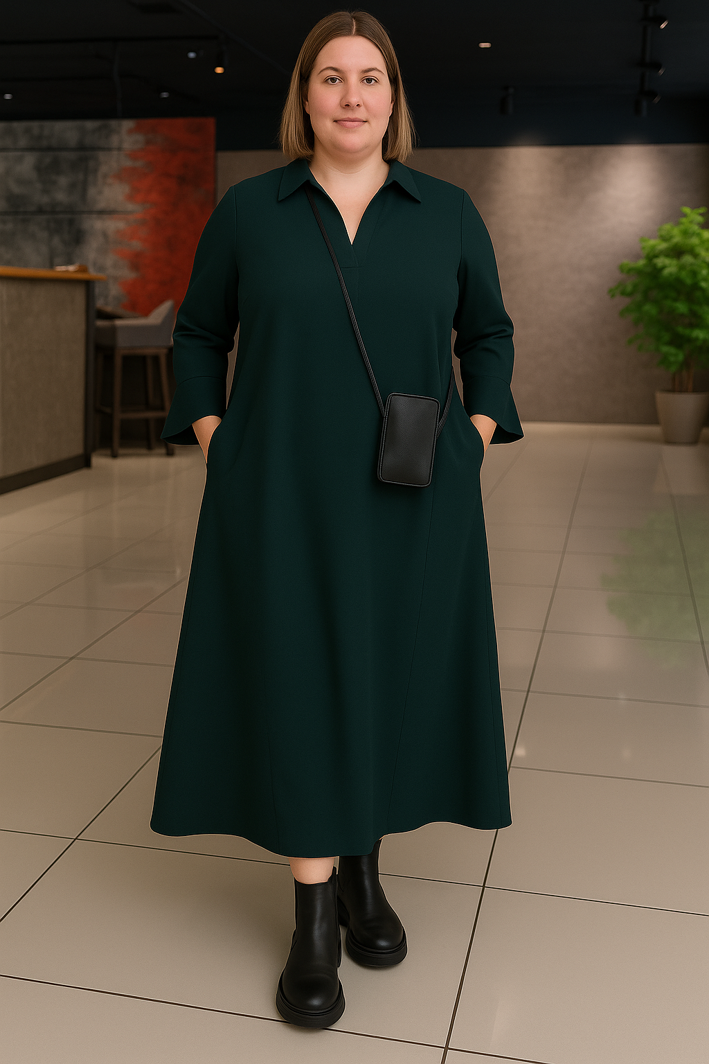 Women's Relaxed Maxi Dress with Long Sleeves and Side Pockets