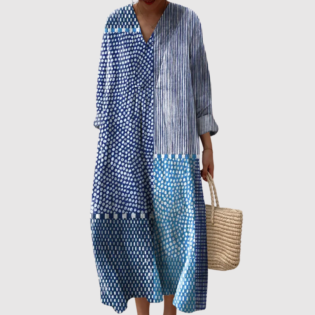 Women's Relaxed Maxi Dress with Unique Patchwork Design and Long Sleeves