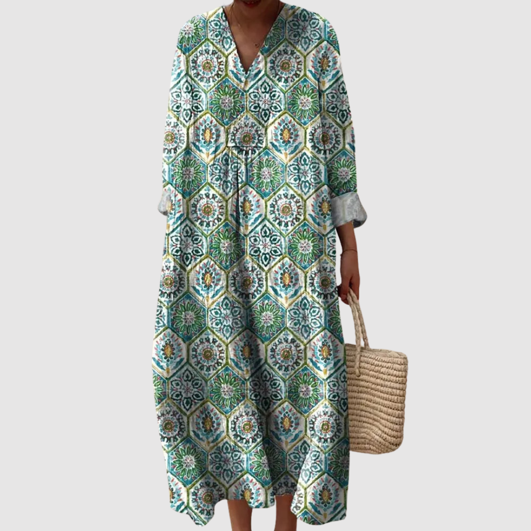 Women's Relaxed Maxi Dress with V-Neckline and Long Sleeves