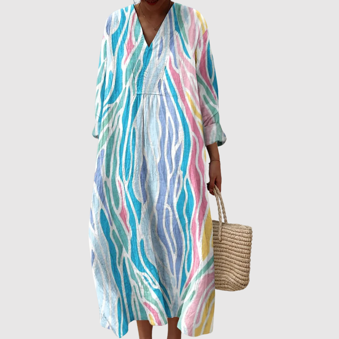 Women's Relaxed Maxi Dress with V-Neckline and Long Sleeves