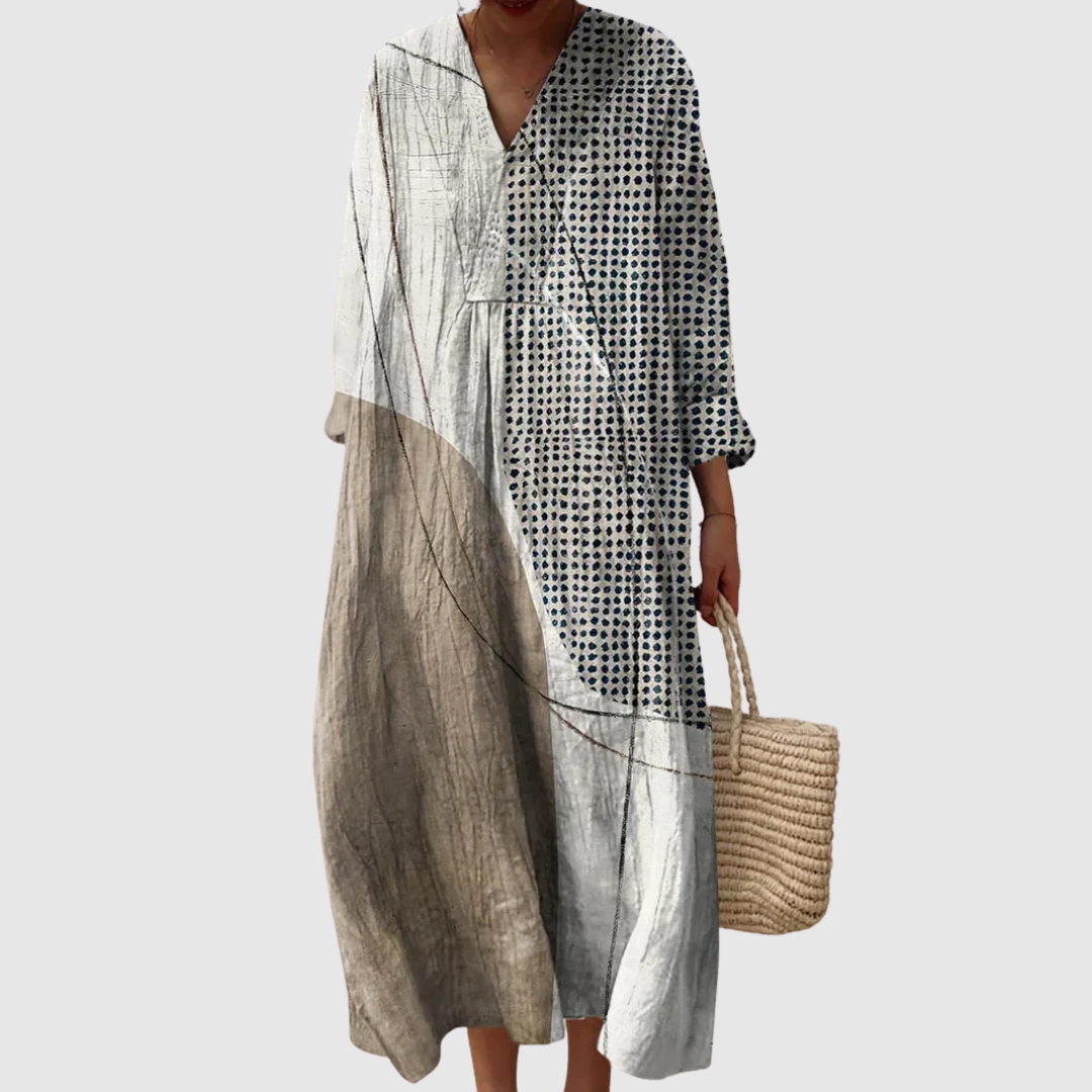 Women's Relaxed Maxi Dress with V-Neckline and Long Sleeves