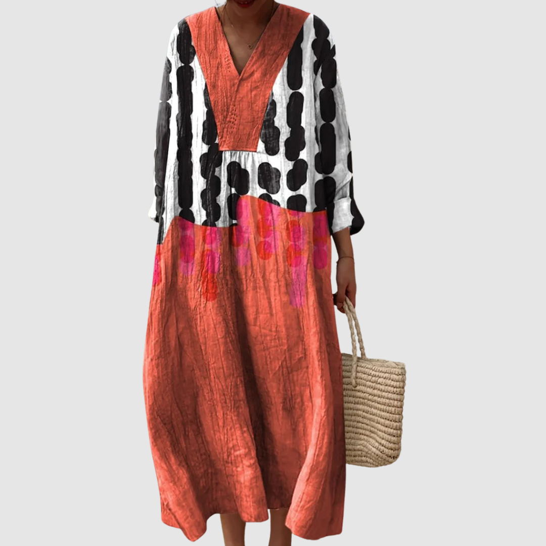 Women's Relaxed Midi Dress with Artistic Print and V-Neckline