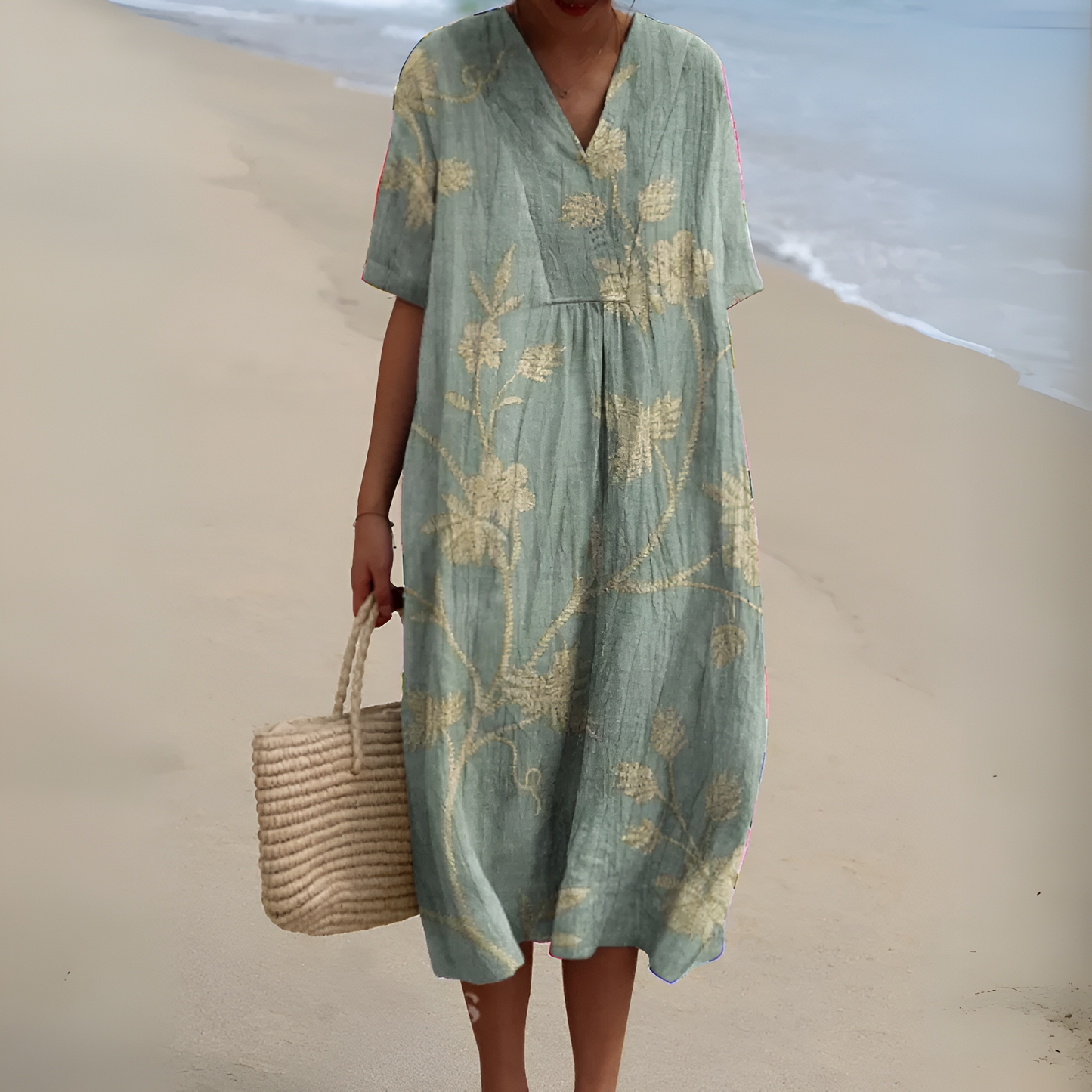 Women's Relaxed Midi Dress with Botanical Embroidery