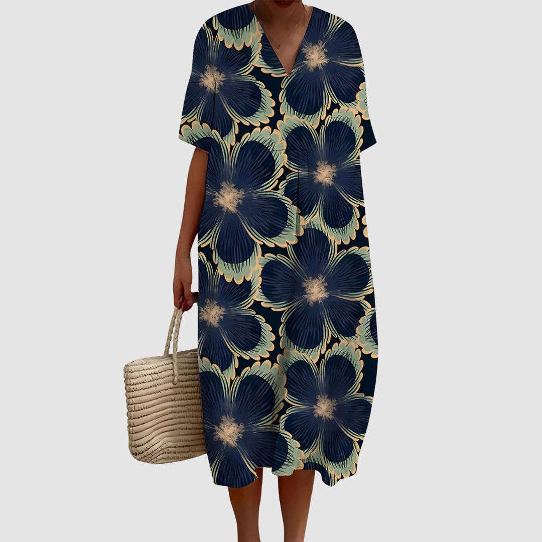 Women's Relaxed Midi Dress with Floral Print and V-Neckline