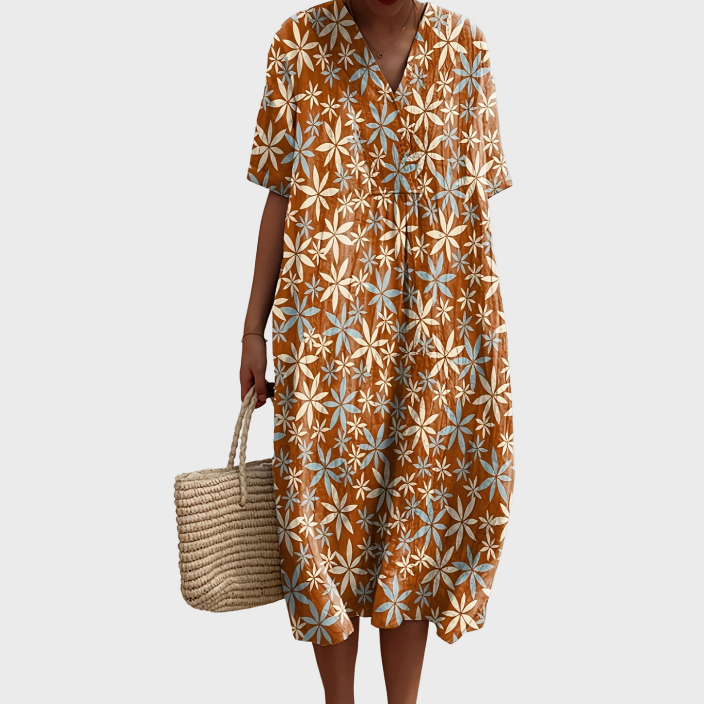 Women's Relaxed Midi Dress with Floral Print for Summer Wear