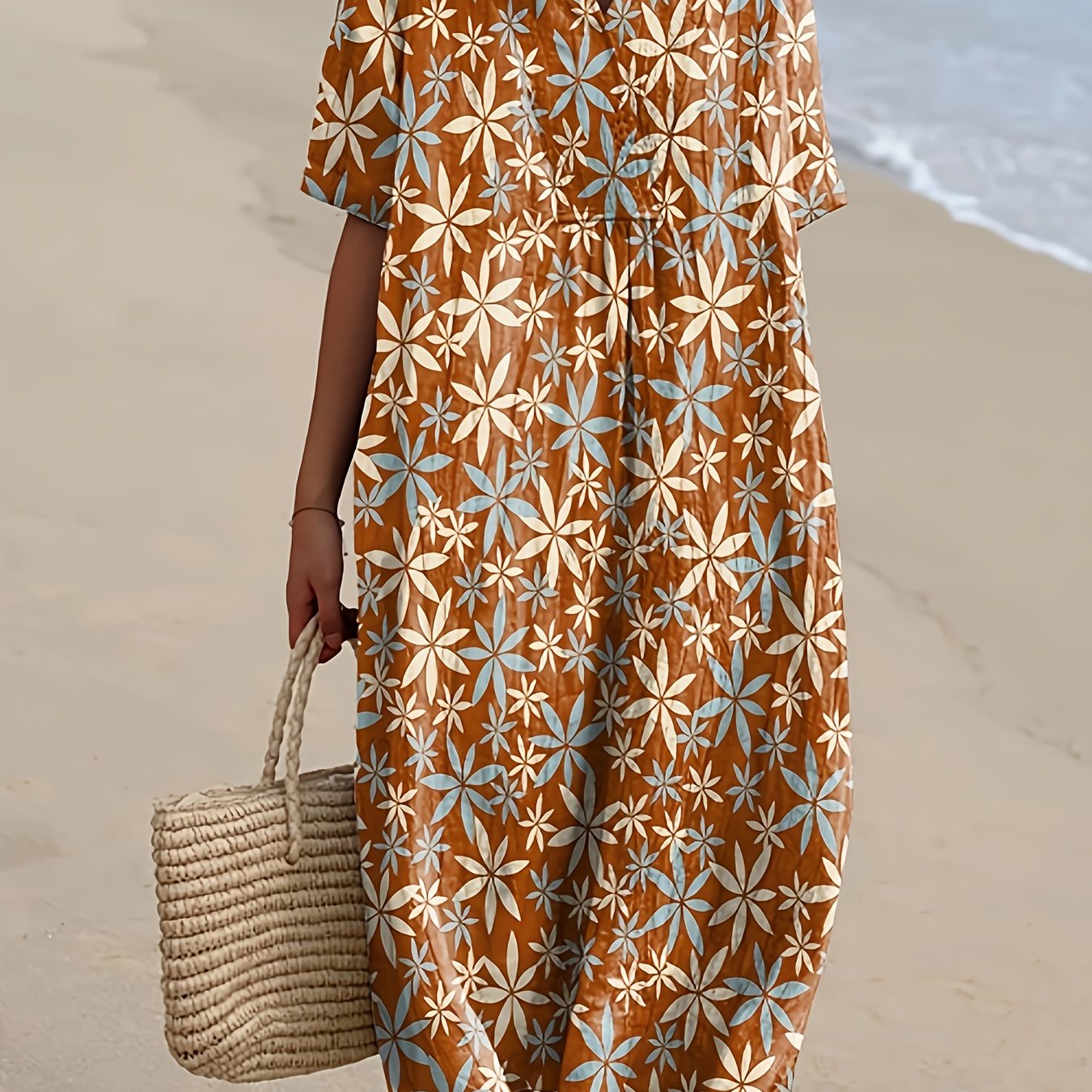 Women's Relaxed Midi Dress with Floral Print for Summer Wear