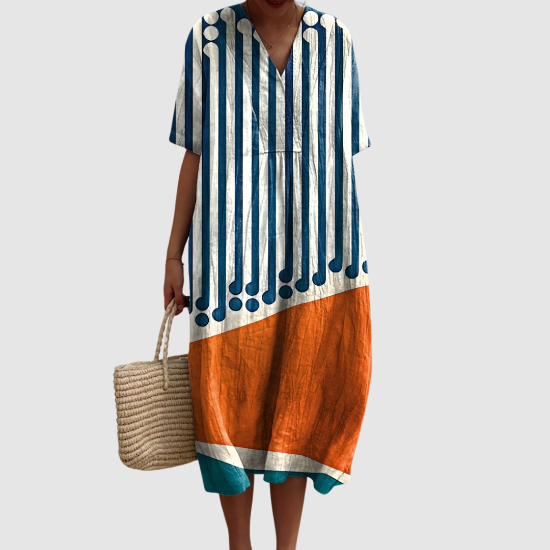 Women's Relaxed Midi Dress with Geometric Print and V-Neckline