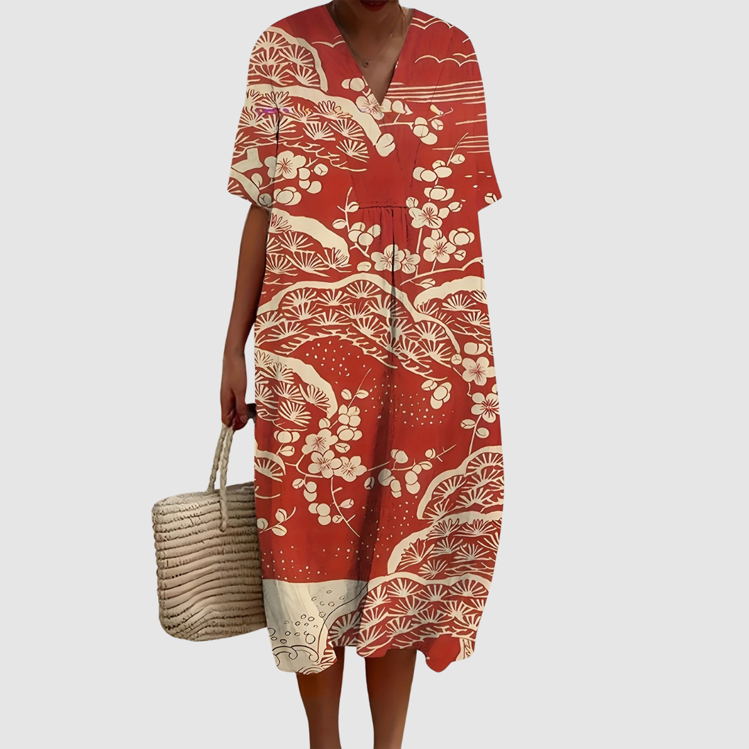 Women's Relaxed Midi Dress with Nature-Inspired Print and V-Neckline