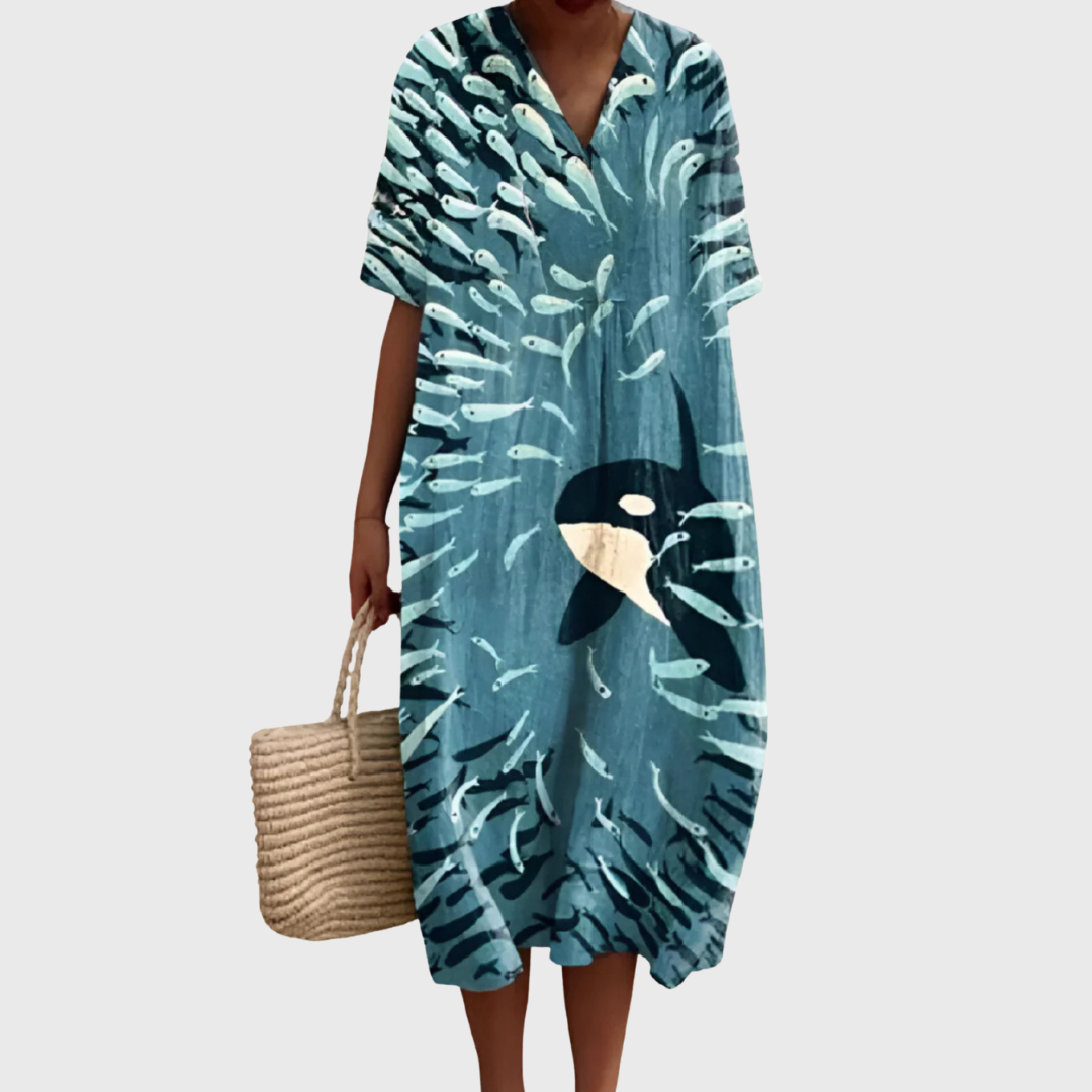 Women's Relaxed Midi Dress with Ocean-Inspired Print for Summer