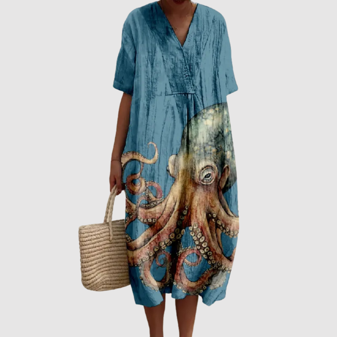 Women's Relaxed Midi Dress with Octopus Print for Summer