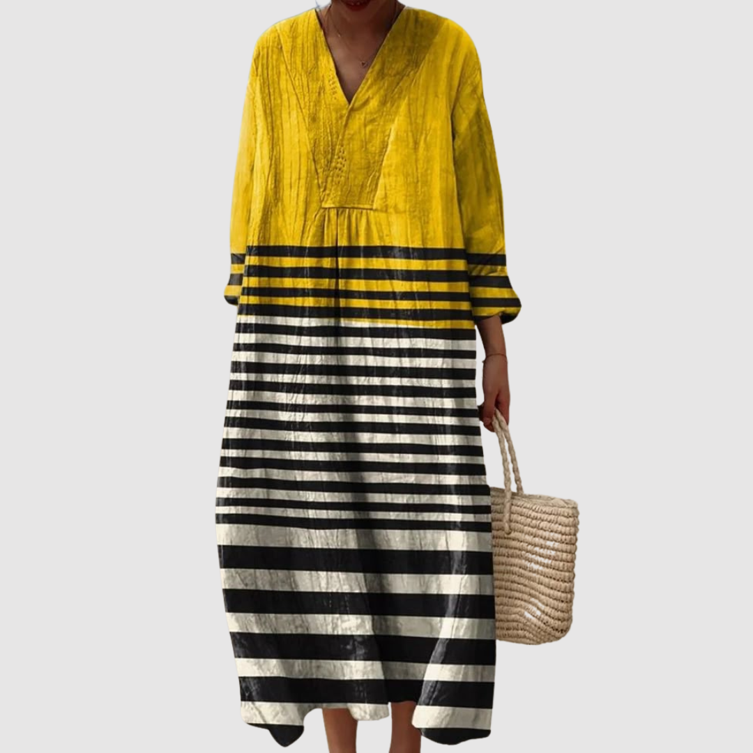 Women's Relaxed Midi Dress with Stripe Design and V-Neckline