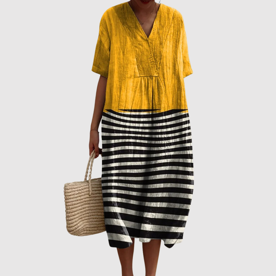 Women's Relaxed Midi Dress with Striped Contrast for Summer Wear