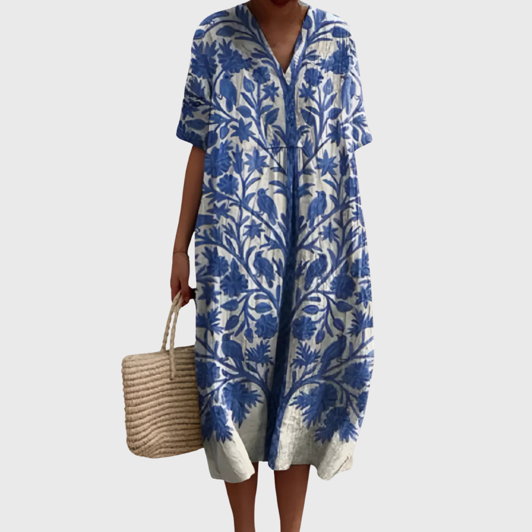 Women's Relaxed Midi Dress with V-Neckline and Botanical Print