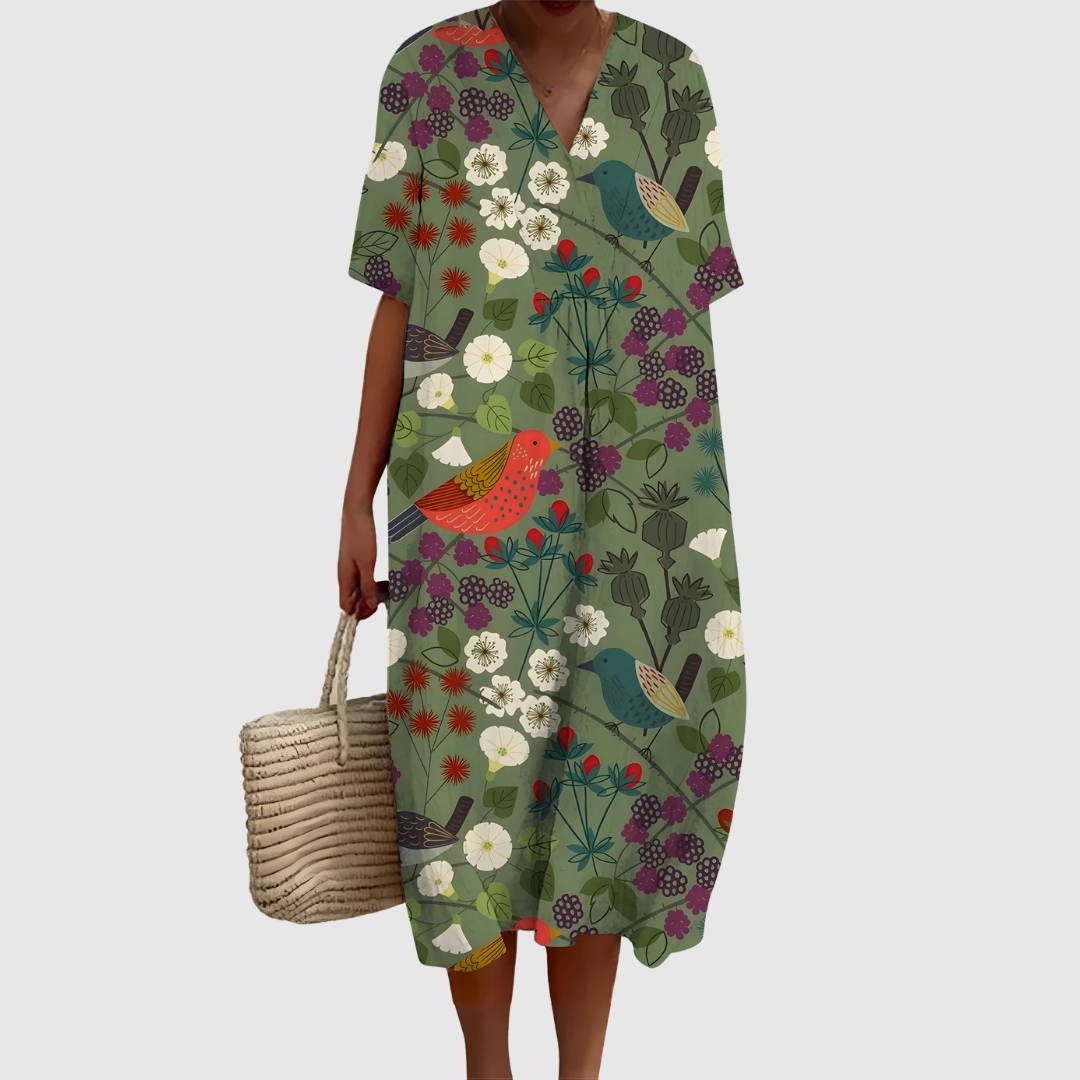 Women's Relaxed Midi Dress with Woodland Print and V-Neckline