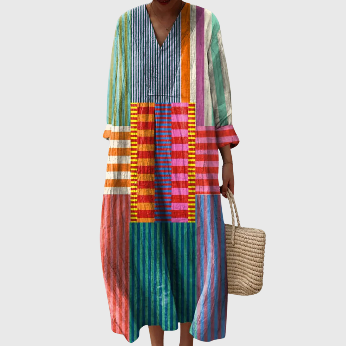 Women's Unique Patchwork Dress with V-Neck and Long Sleeves