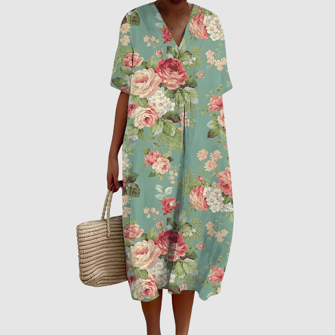 Women's Vintage Floral Midi Dress with V-Neckline and Short Sleeves