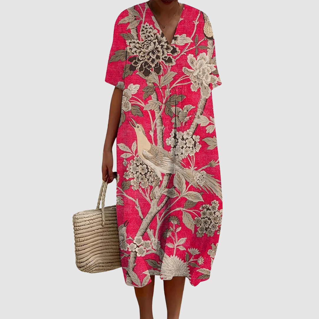 Women's Vintage Midi Dress with V-Neckline and Short Sleeves