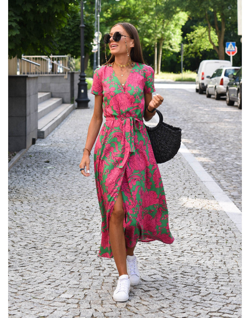 Womens Elegant Floral Midi Dress - Floral Wrap Midi for Effortless Summer Style