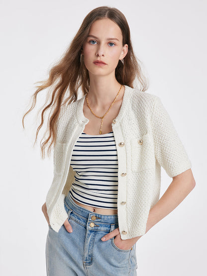 Women's Chic Beige Short Sleeve Cardigan with Buttons | Ideal for Autumn/Winter