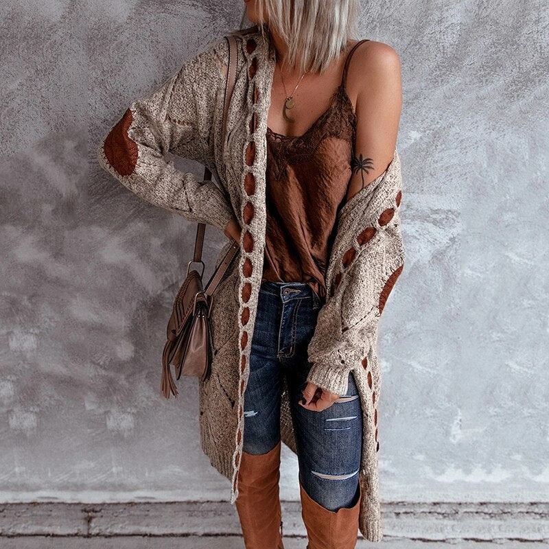 Women's Open-Front Knit Cardigan with Diamond Patterns and Elbow Patches | Ideal for Autumn/Winter