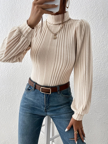 Women's Elegant Beige Ribbed Turtleneck Jumper | Ideal for Autumn/Winter