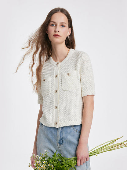 Women's Chic Beige Short Sleeve Cardigan with Buttons | Ideal for Autumn/Winter