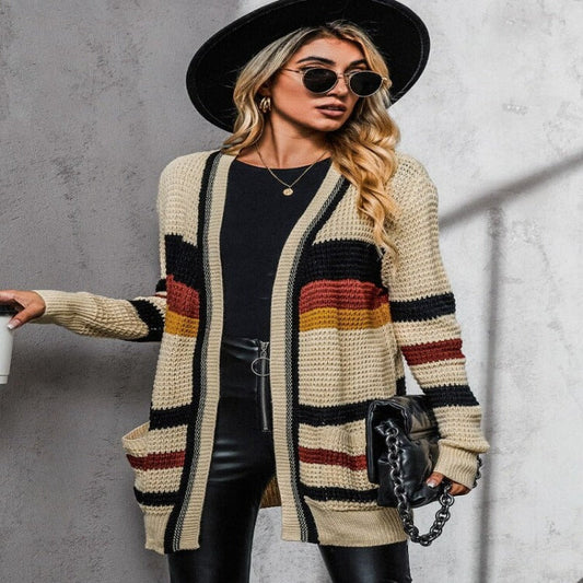 Women's Loose Striped V-neck Knit Cardigan | Ideal for Autumn/Winter