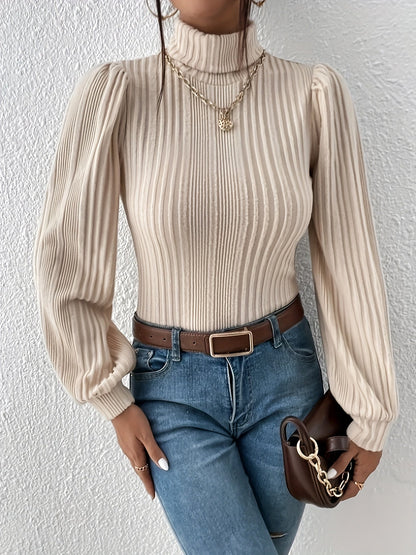 Women's Elegant Beige Ribbed Turtleneck Jumper | Ideal for Autumn/Winter