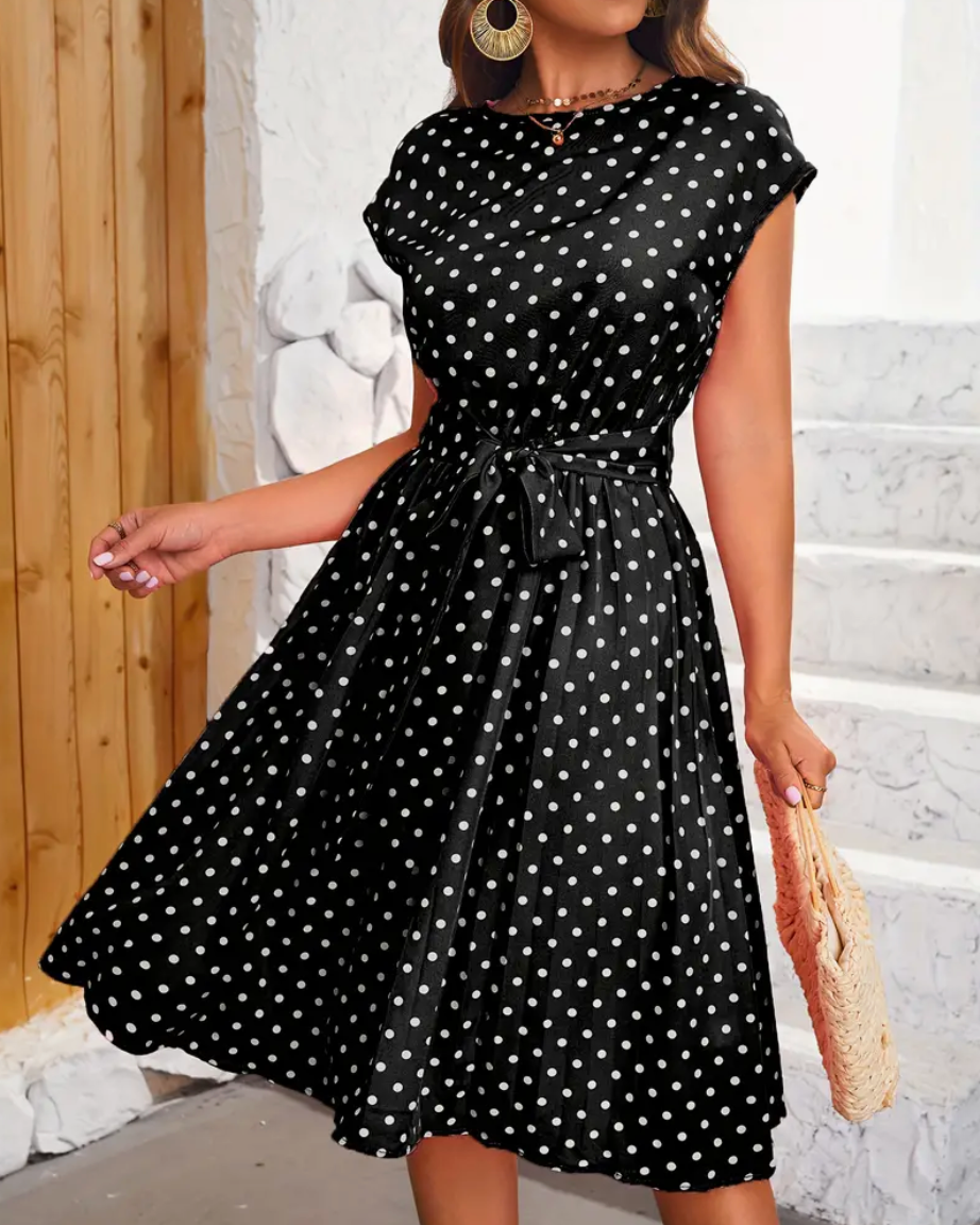 Women's Charming Flowing Maxi Dress with Vintage Polka Dot Pattern-2