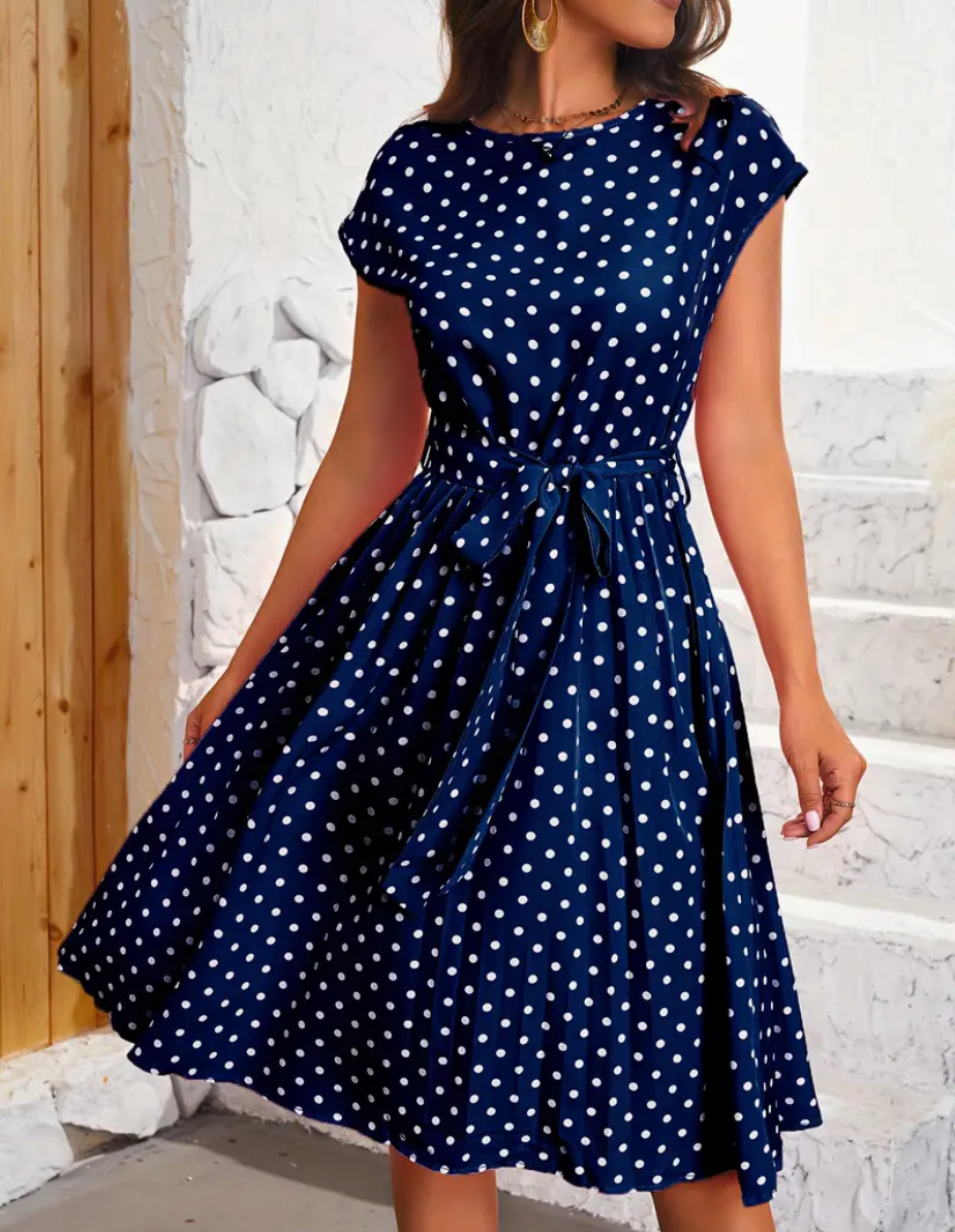 Women's Charming Flowing Maxi Dress with Vintage Polka Dot Pattern-3