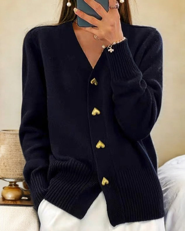 Elegant Heart Button Cardigan Sweater - Soft Comfort & Flattering Fit