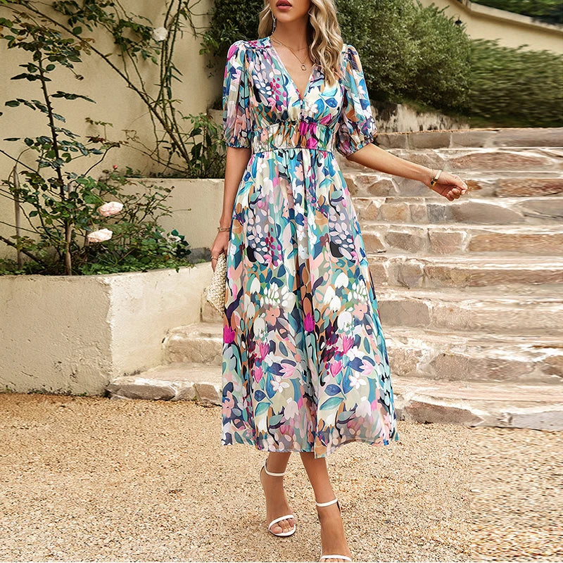 Orelie - Elegant Floral Summer Midi Dress for Women