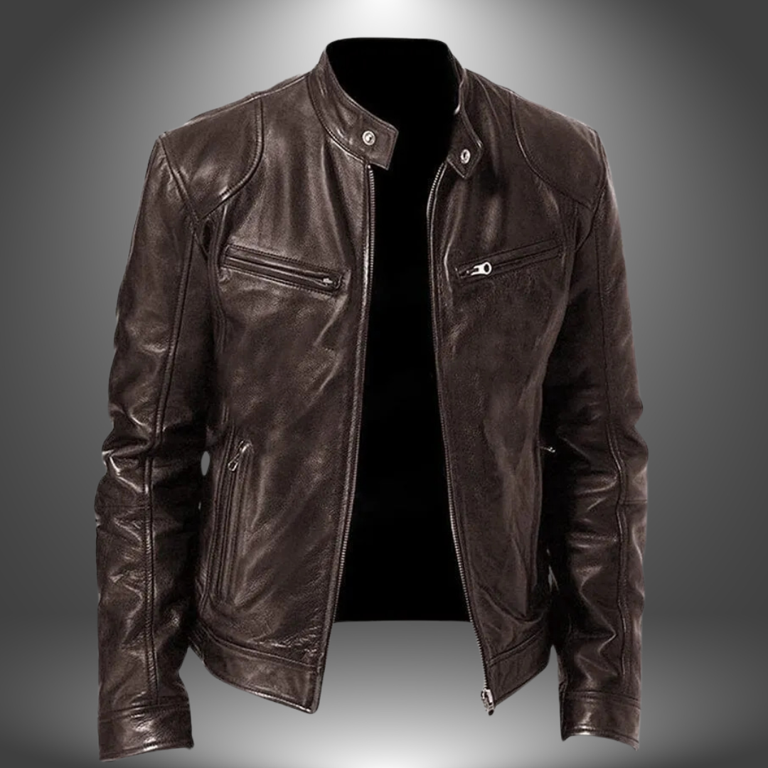 Men's Functional Leather Jacket with Multiple Pockets