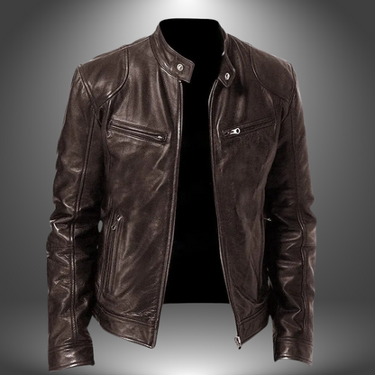 Men's Functional Leather Jacket with Multiple Pockets