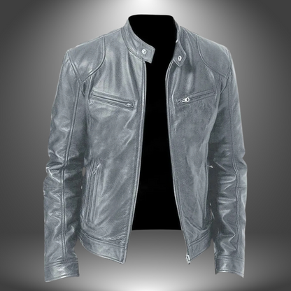 Men's Functional Leather Jacket with Multiple Pockets