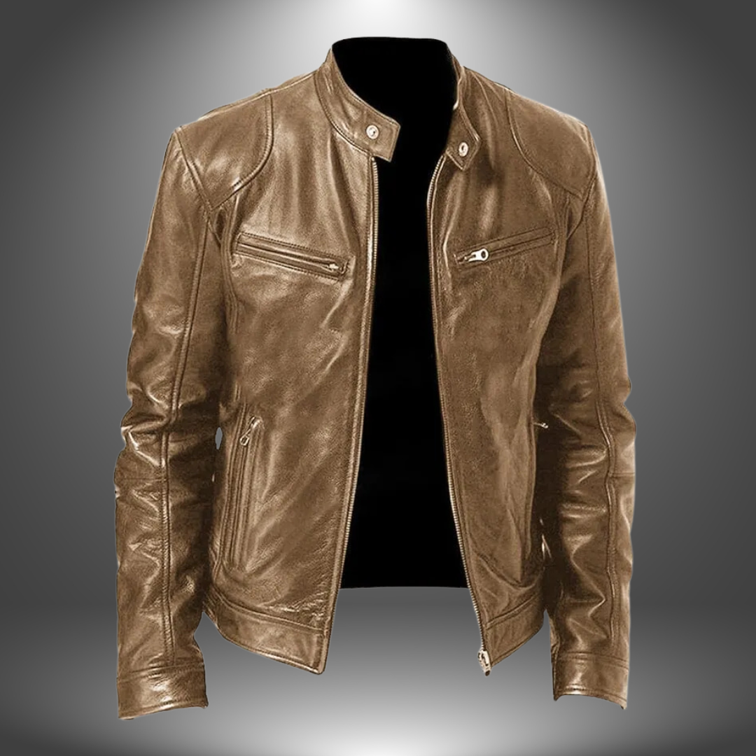 Men's Functional Leather Jacket with Multiple Pockets