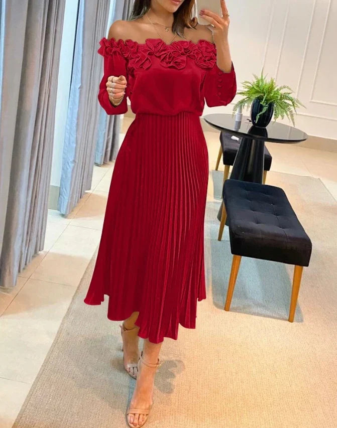 Elegant Off-Shoulder Red Dress with Romantic Pleats and Chic Floral Details