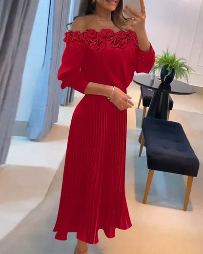 Elegant Off-Shoulder Red Dress with Romantic Pleats and Chic Floral Details