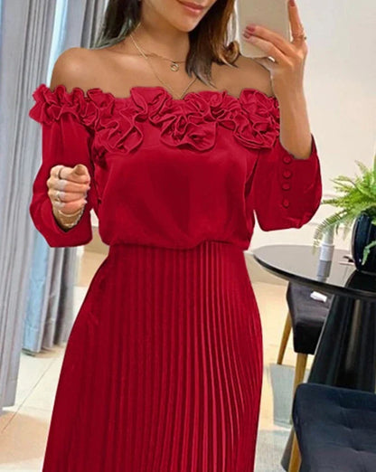 Elegant Off-Shoulder Red Dress with Romantic Pleats and Chic Floral Details