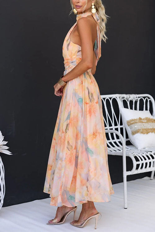 Women's Sleeveless Maxi Dress - Elegant Watercolor Print for Wedding Guests & Summer